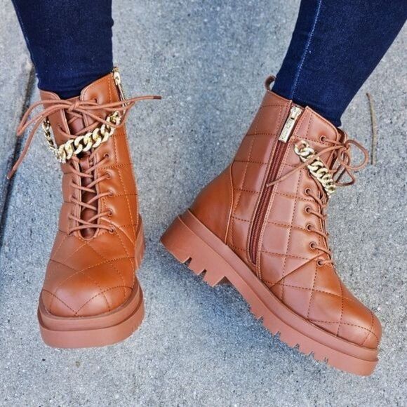 Womens Chunky Block Heel Ankle Combat Boots Brown Color - Picture 1 of 6